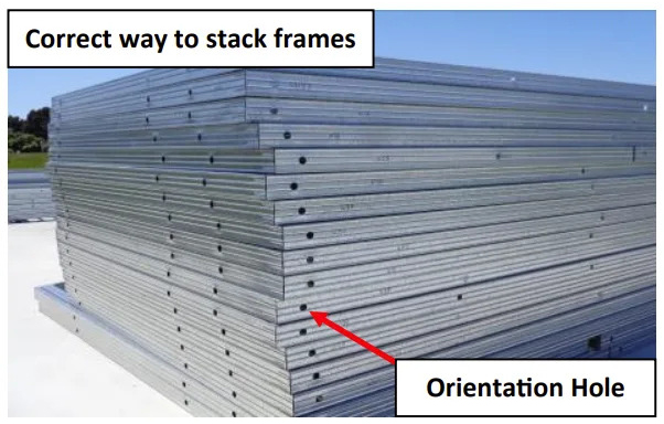 Correctly stacked steel wall panels with orientation holes aligned at one end